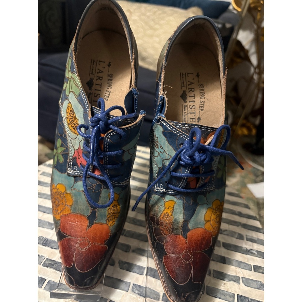 Spring Step L'Artiste Blue Floral Leather Lace-Up Ankle Boots EU 37 US 7 - Picture 3 of 15